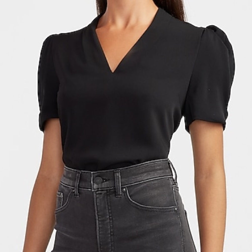Express Puff Sleeve V-Neck Top | Black Blouse with Puff Sleeves | Petite Small